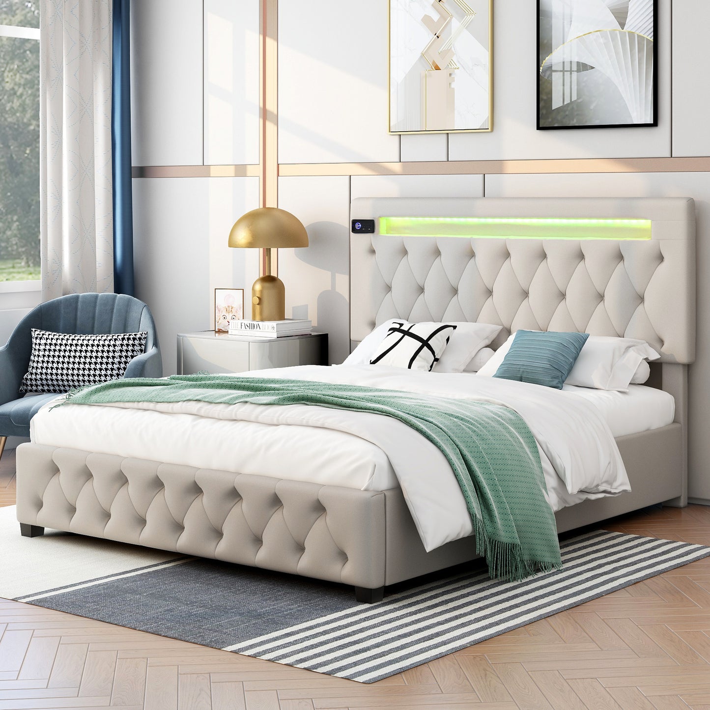 upholstered bed featured with bluetooth audio, led light and usb charging, beige