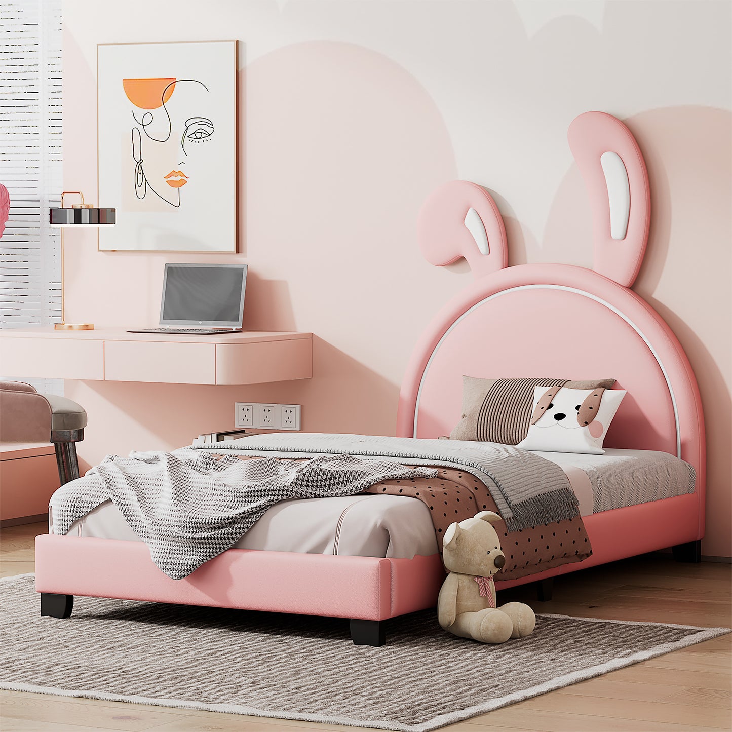twin size upholstered leather platform bed with rabbit ornament, pink