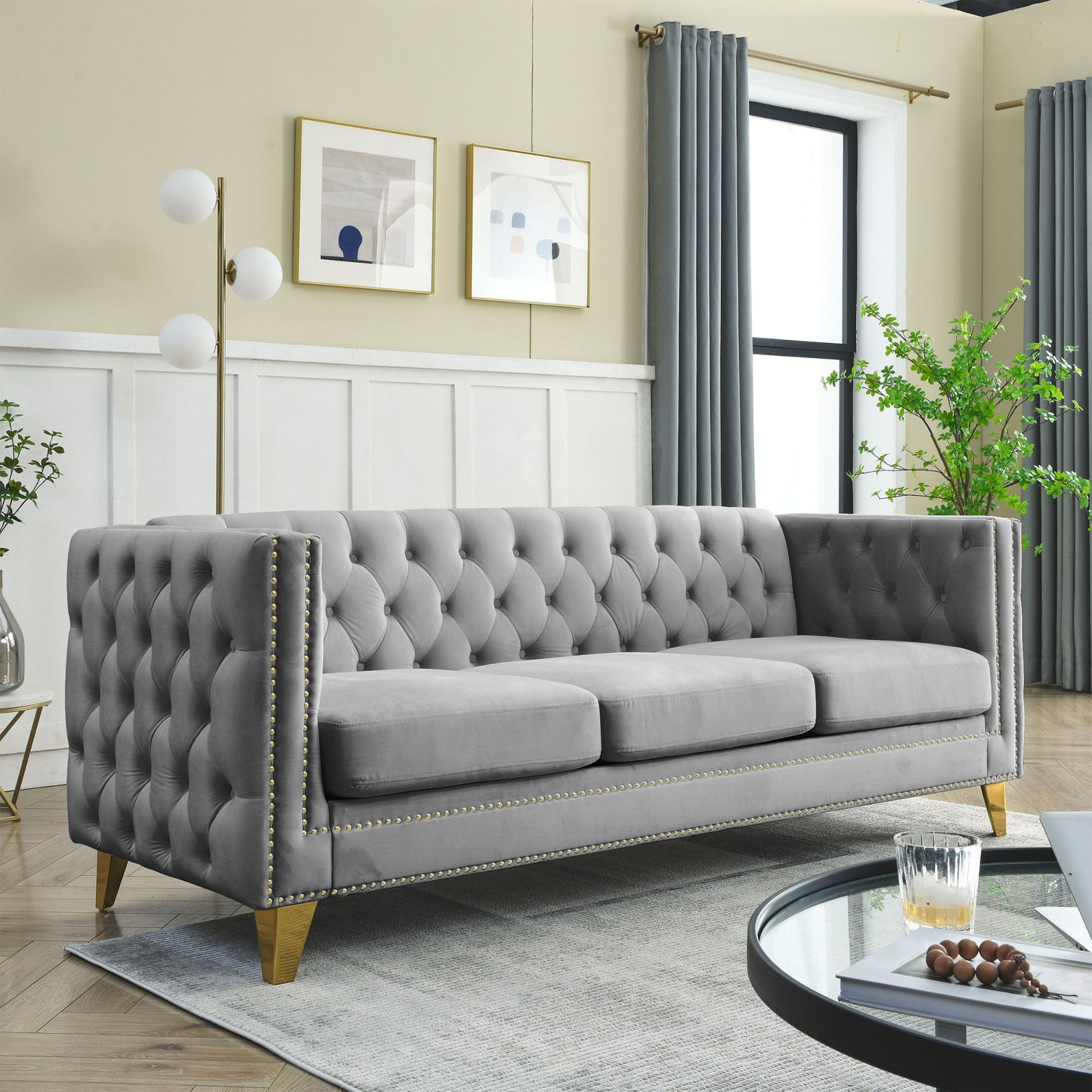 sara velvet sofa, grey velvet