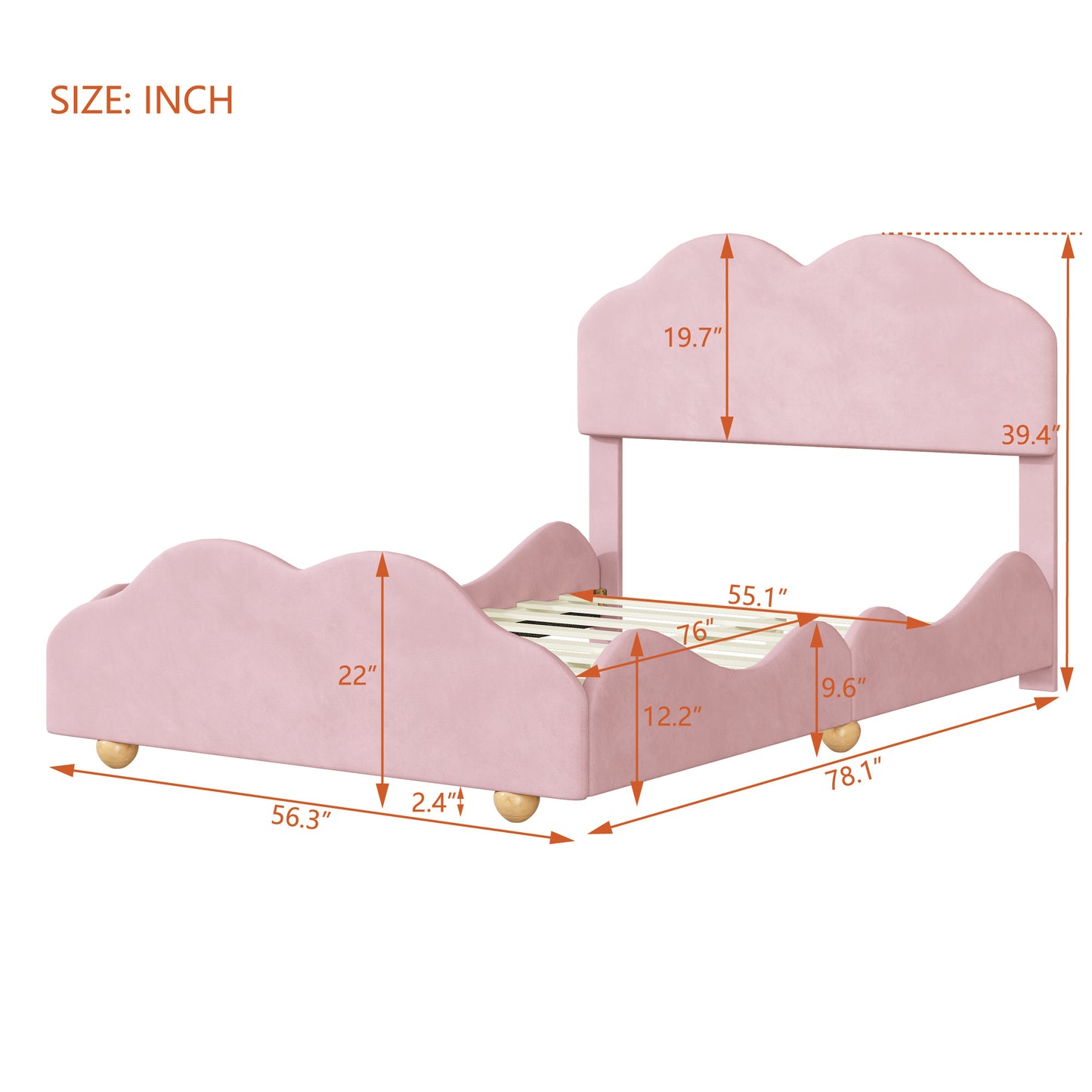 upholstered bed with cloud shaped bed board, light pink