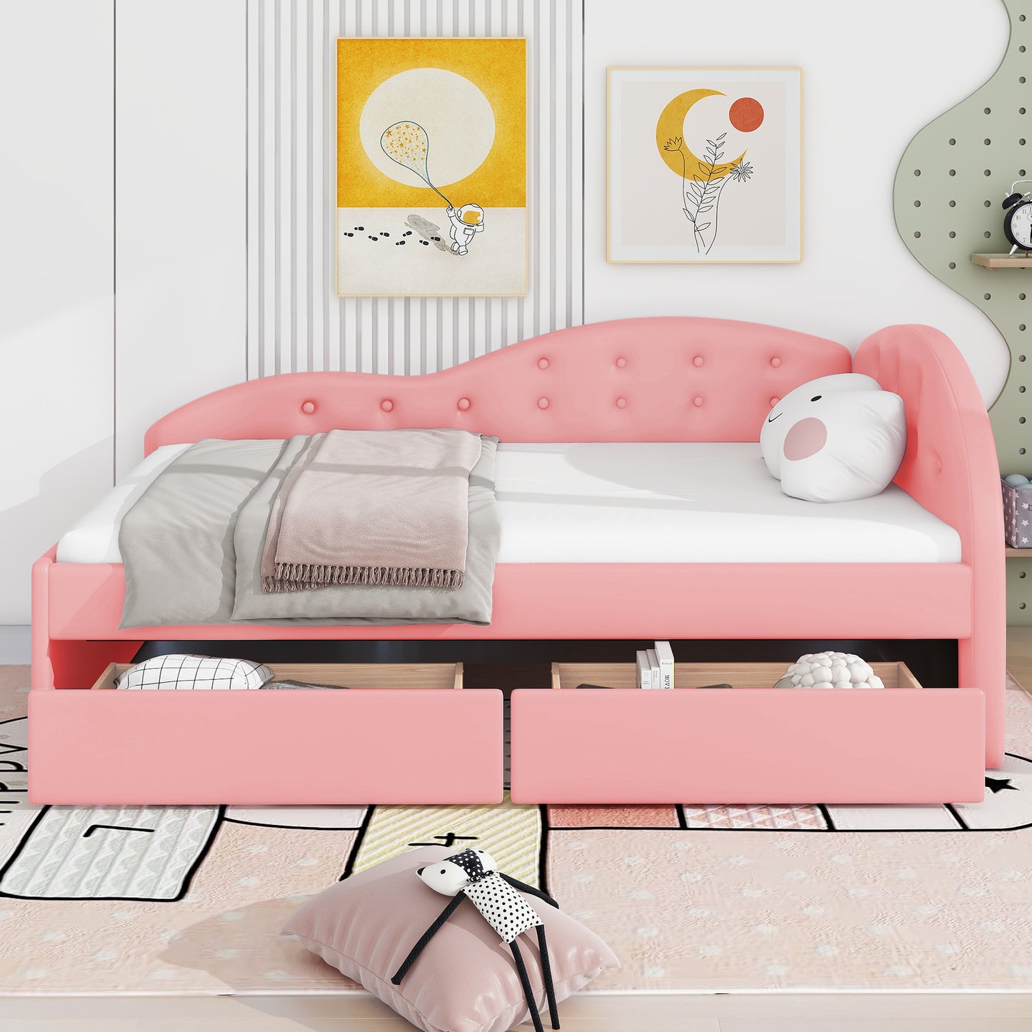 upholstered tufted bed with two drawers and cloud shaped guardrail, pink
