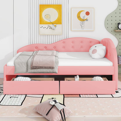 Upholstered Tufted Bed with Two Drawers and Cloud Shaped Guardrail, Pink