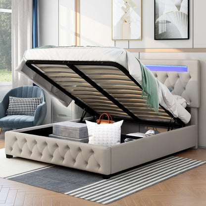 Upholstered Bed Featured with Bluetooth Audio, LED Light and USB Charging, Beige