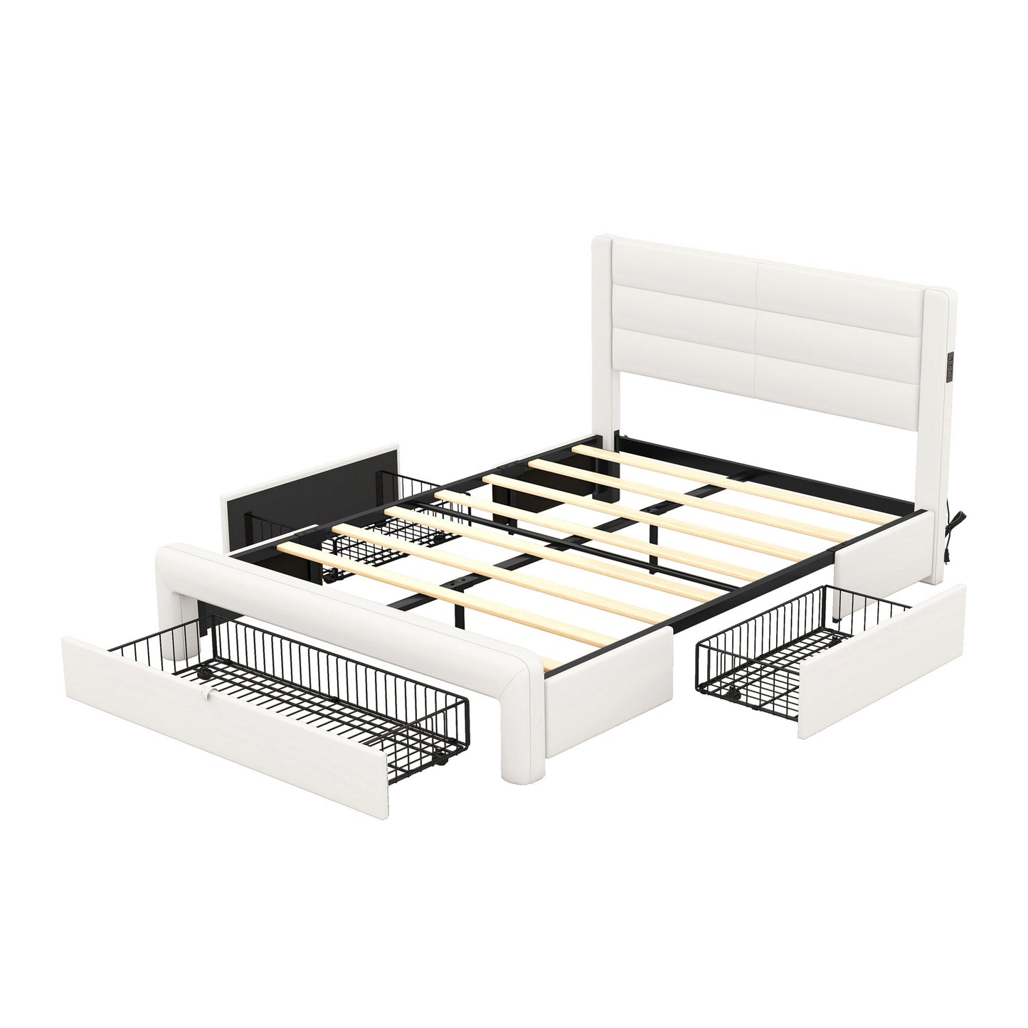 leather upholstered platform bed with drawer storage & charging station, white
