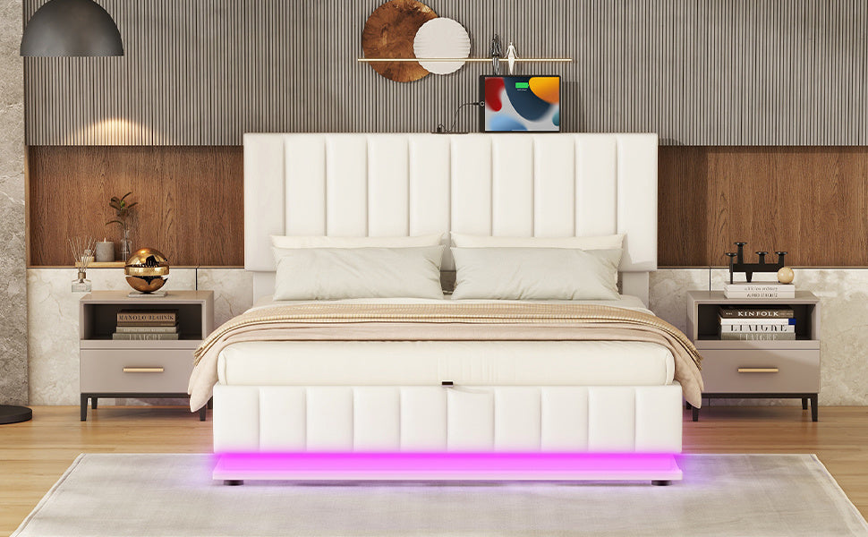 upholstered bed with hydraulic storage system and led light, sockets, and usb ports, white