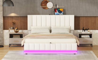 Upholstered Bed with Hydraulic Storage System and LED Light, Sockets, and USB Ports, White