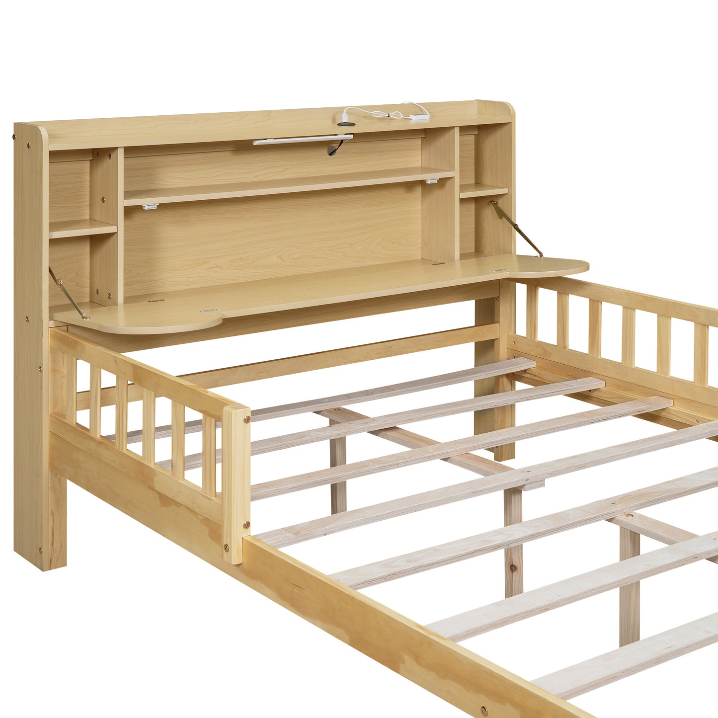 car bed with bear-shaped headboard, usb and led, natural