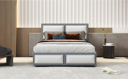Teddy Upholstered Platform Bed with Large Rivet-decorated Backrests and 4 Drawers, Velvet Gray+White