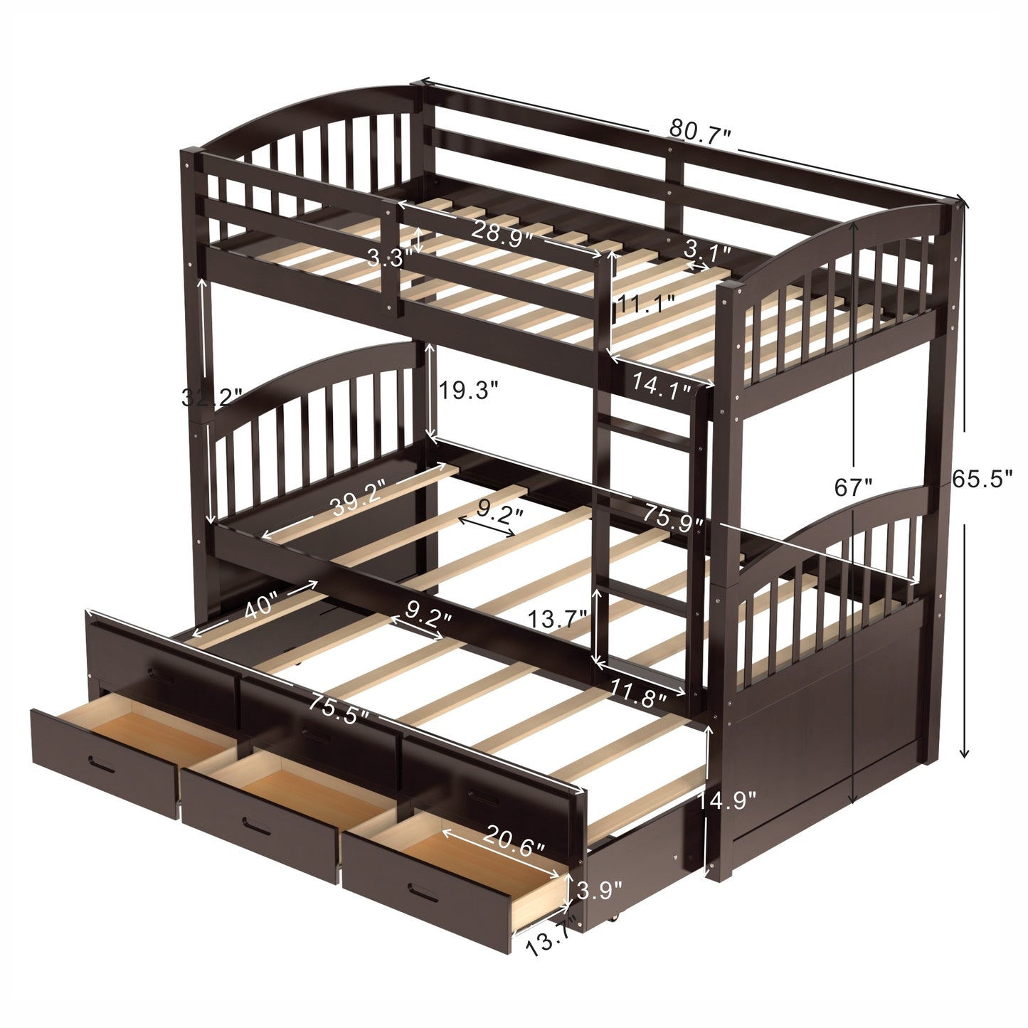 twin over twin wood bunk bed with trundle and drawers,white