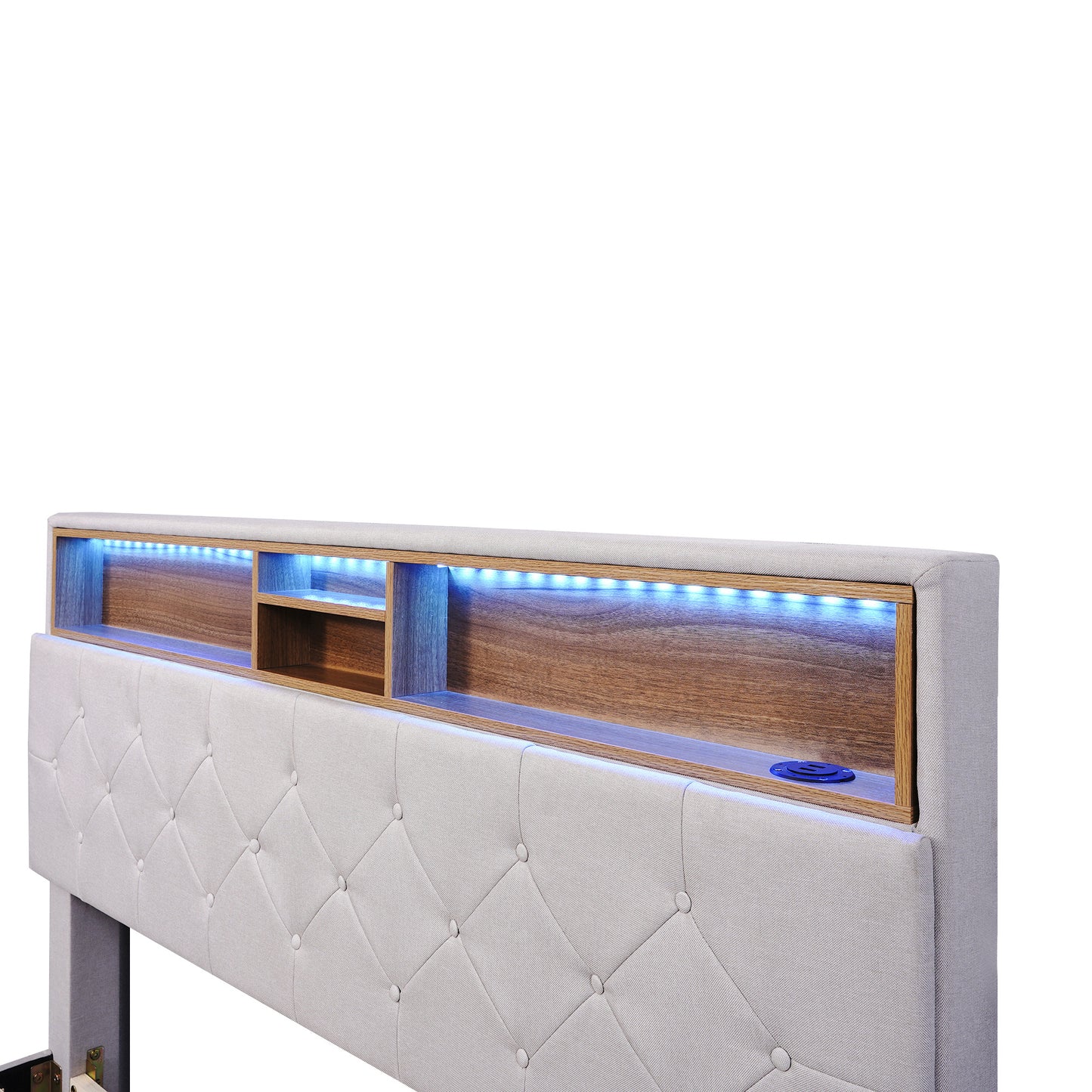 upholstered bed with storage headboard, led, usb charging and 2 drawers