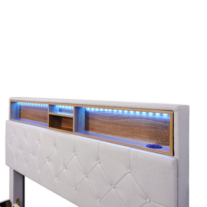 Upholstered Bed with Storage Headboard, LED, USB Charging and 2 Drawers