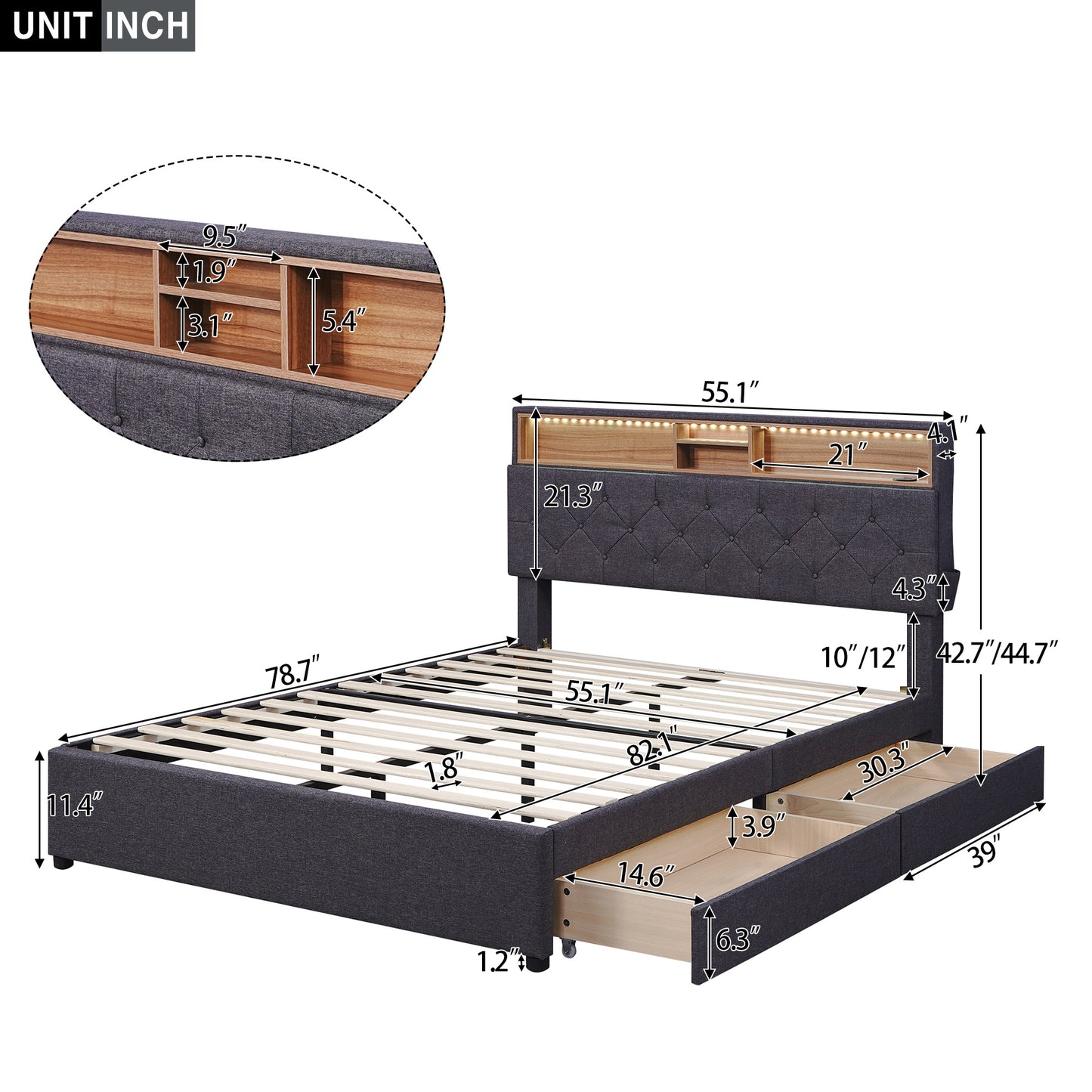 upholstered bed with storage headboard, led, usb charging and 2 drawers