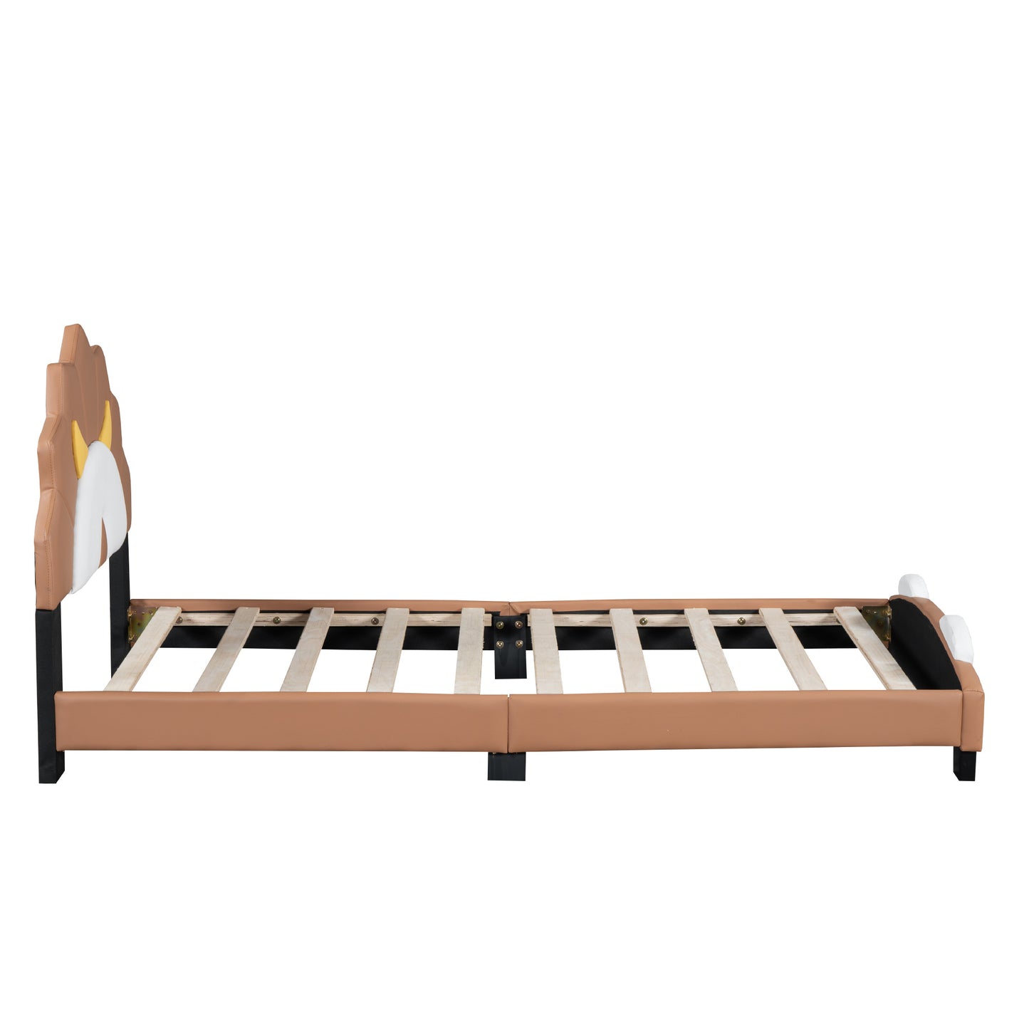 upholstered leather platform bed with lion-shaped headboard, brown