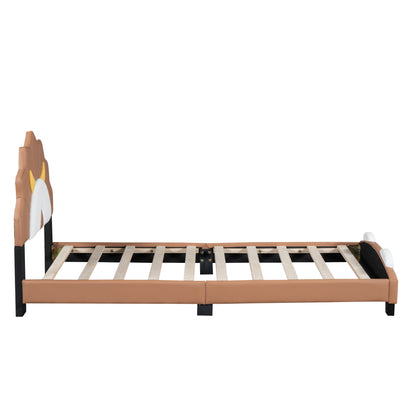 Upholstered Leather Platform Bed with Lion-Shaped Headboard, Brown