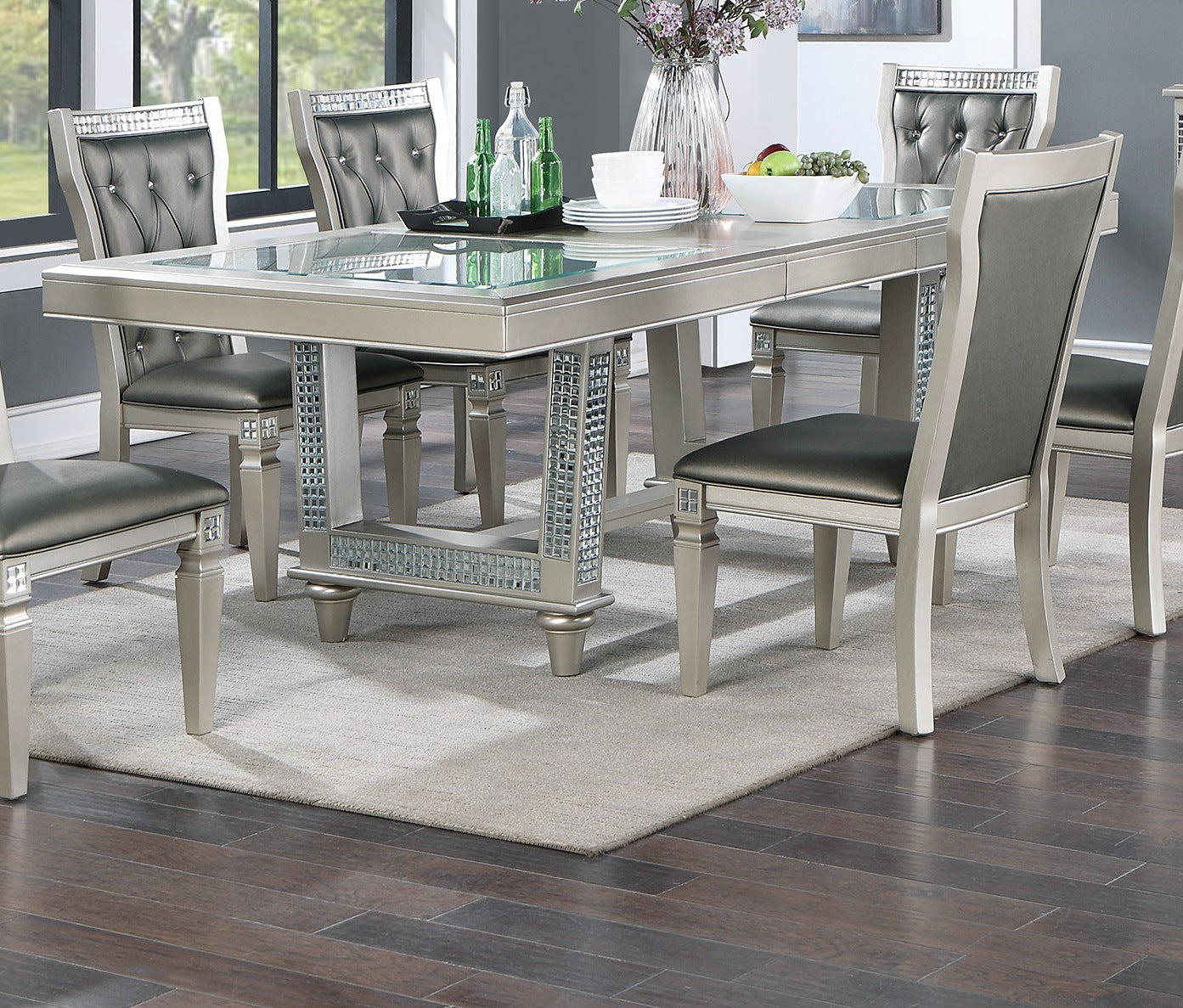 leaf silver hue glass top dining table