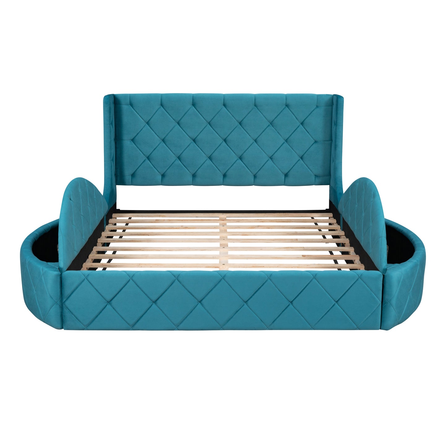 upholstered platform storage velvet bed with wingback headboard, blue