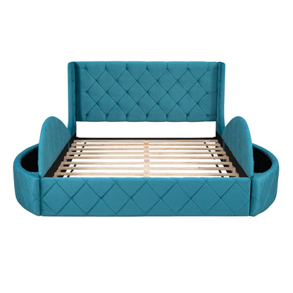 Upholstered Platform Storage Velvet Bed with Wingback Headboard, Blue