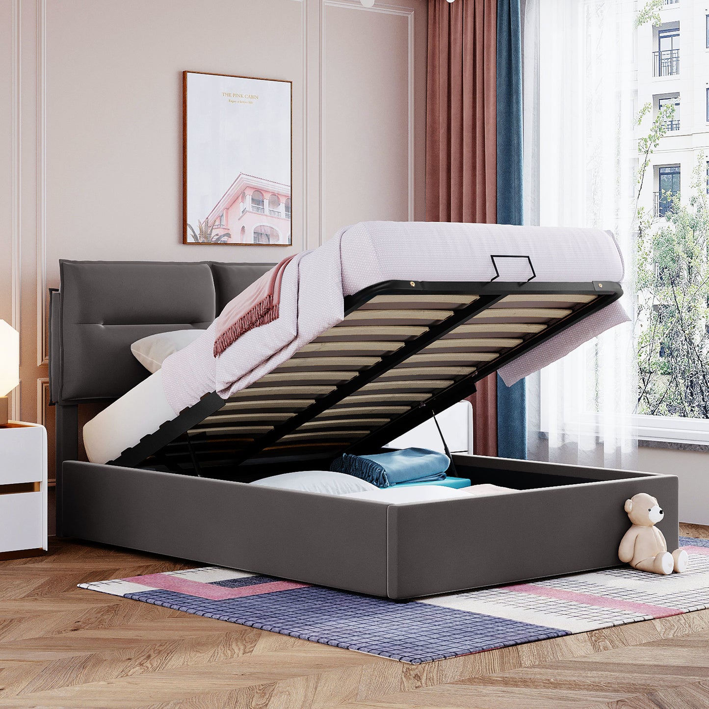 upholstered platform bed with a hydraulic storage system