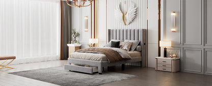 Danny Velvet Upholstered Platform Bed with a Big Drawer - Gray