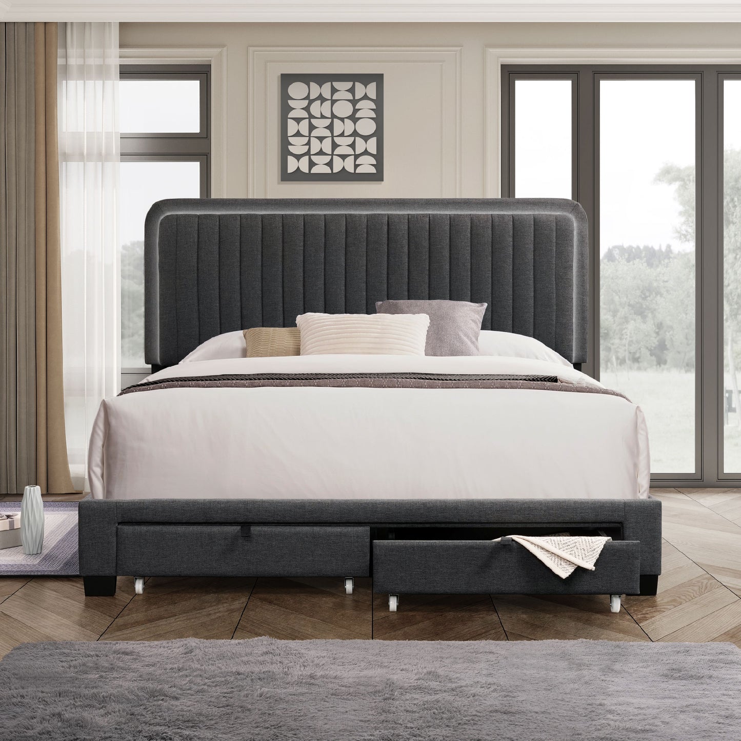 queen upholstered footboard bed with storage, dark grey