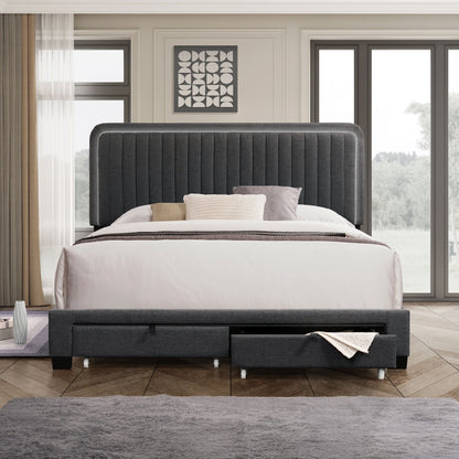 Queen Upholstered Footboard Bed with Storage, Dark Grey