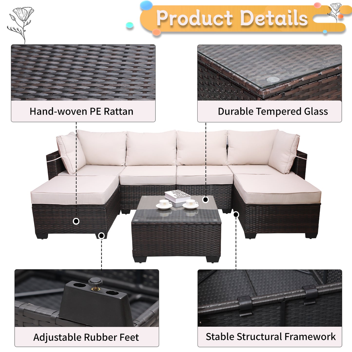 7 pieces outdoor patio sectional sofa couch set with washable cushions & glass coffee table