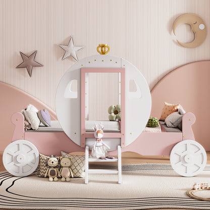 Princess Carriage Bed with Crown ,White+Pink