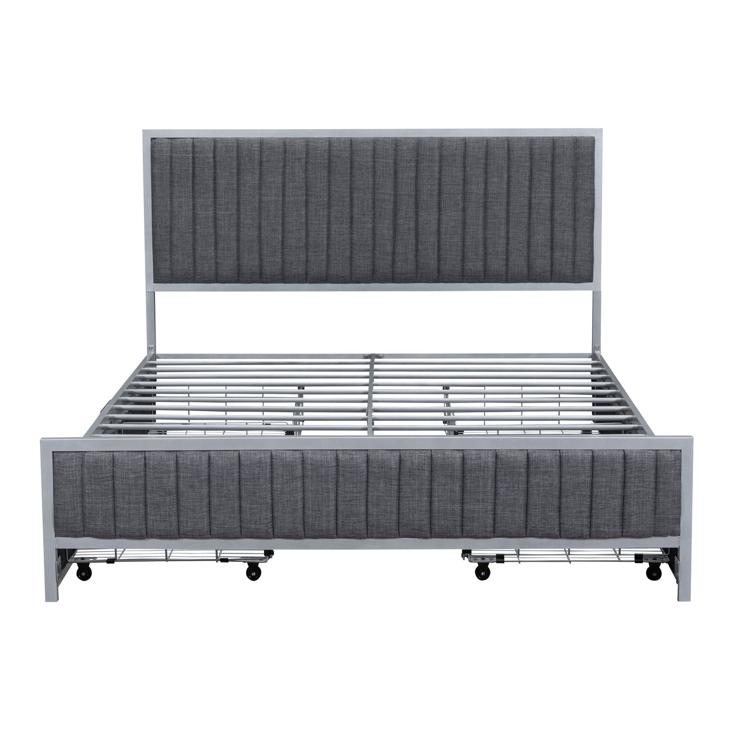 queen size metal frame upholstered bed with 4 drawers, linen fabric, gray