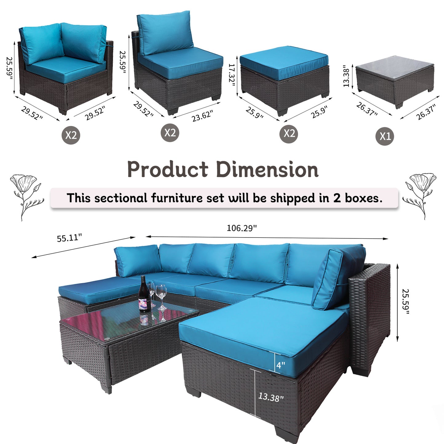 7-piece pe rattan wicker cushioned sofa sets and coffee table