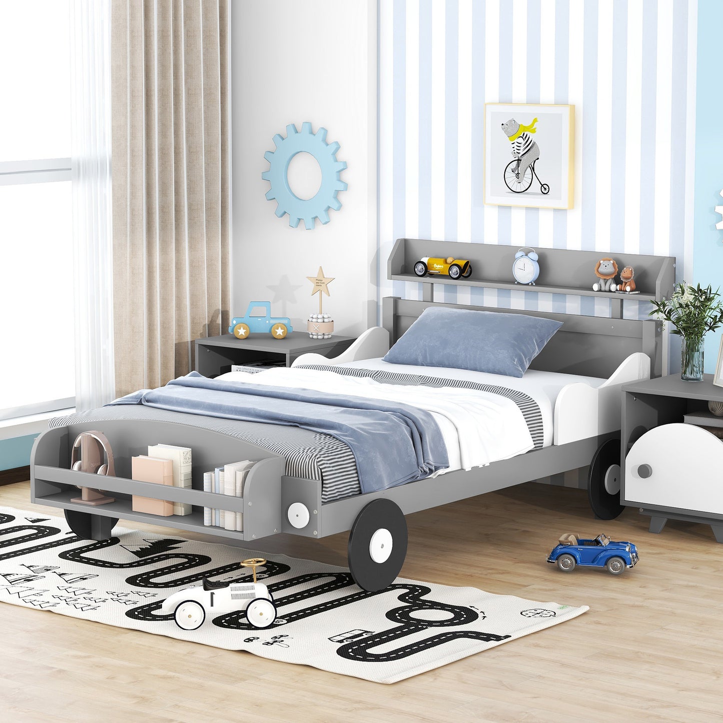 twin size car-shaped platform bed, gray