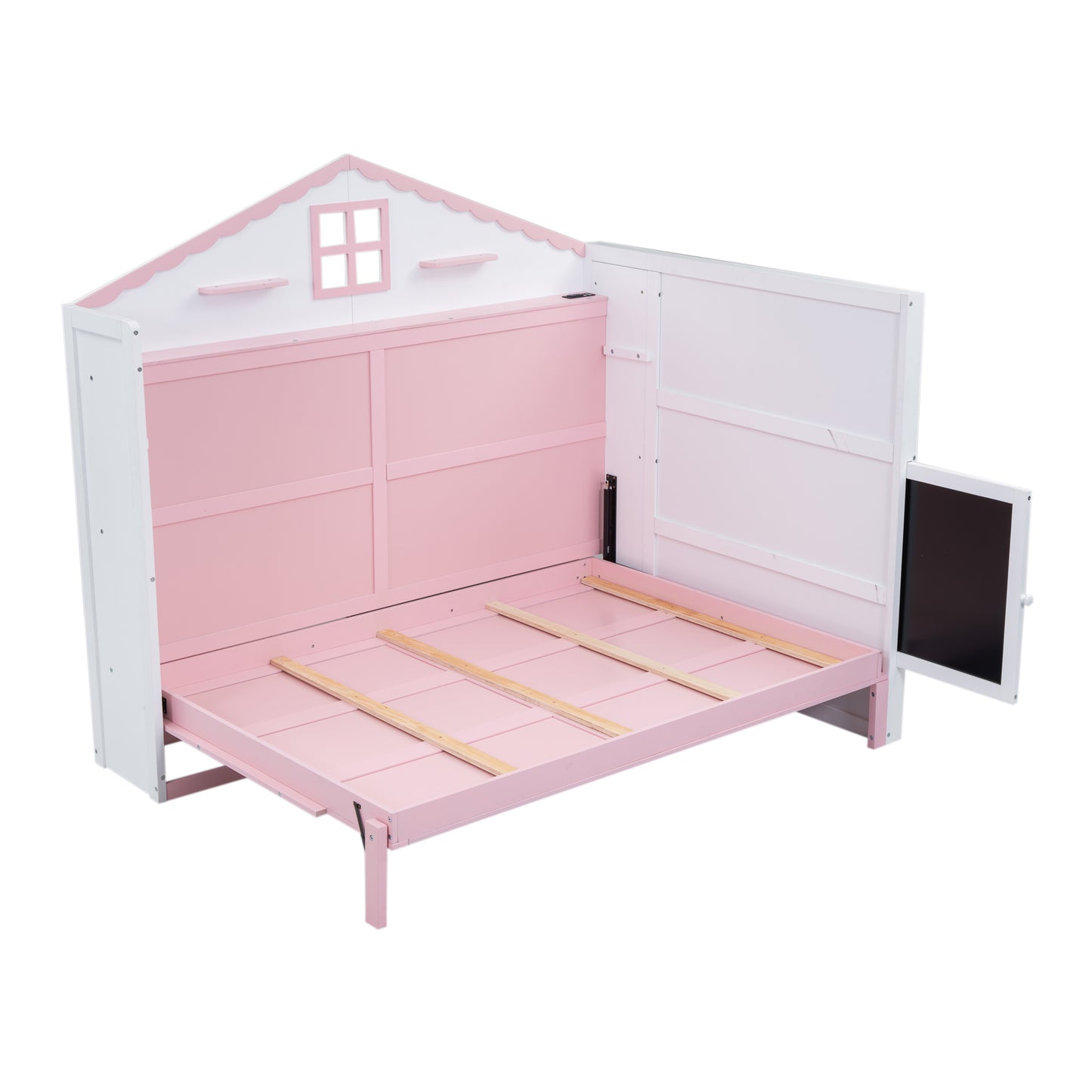 house murphy bed with usb, storage shelves and blackboard, pink+white