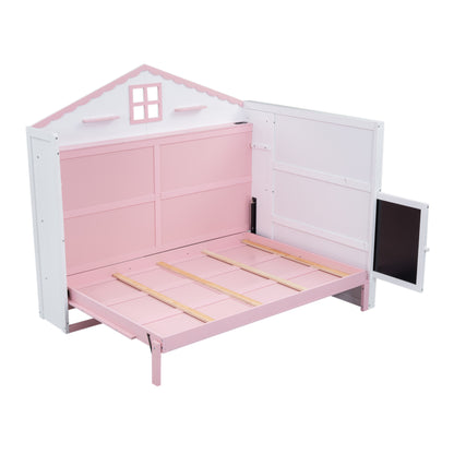House Murphy Bed with USB, Storage Shelves and Blackboard, Pink+White