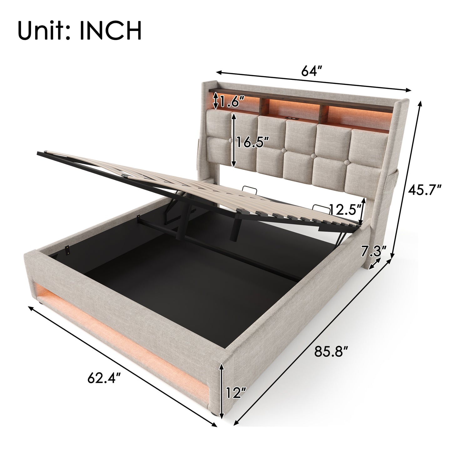 jody upholstered platform bed with a hydraulic storage system, led and usb charging,