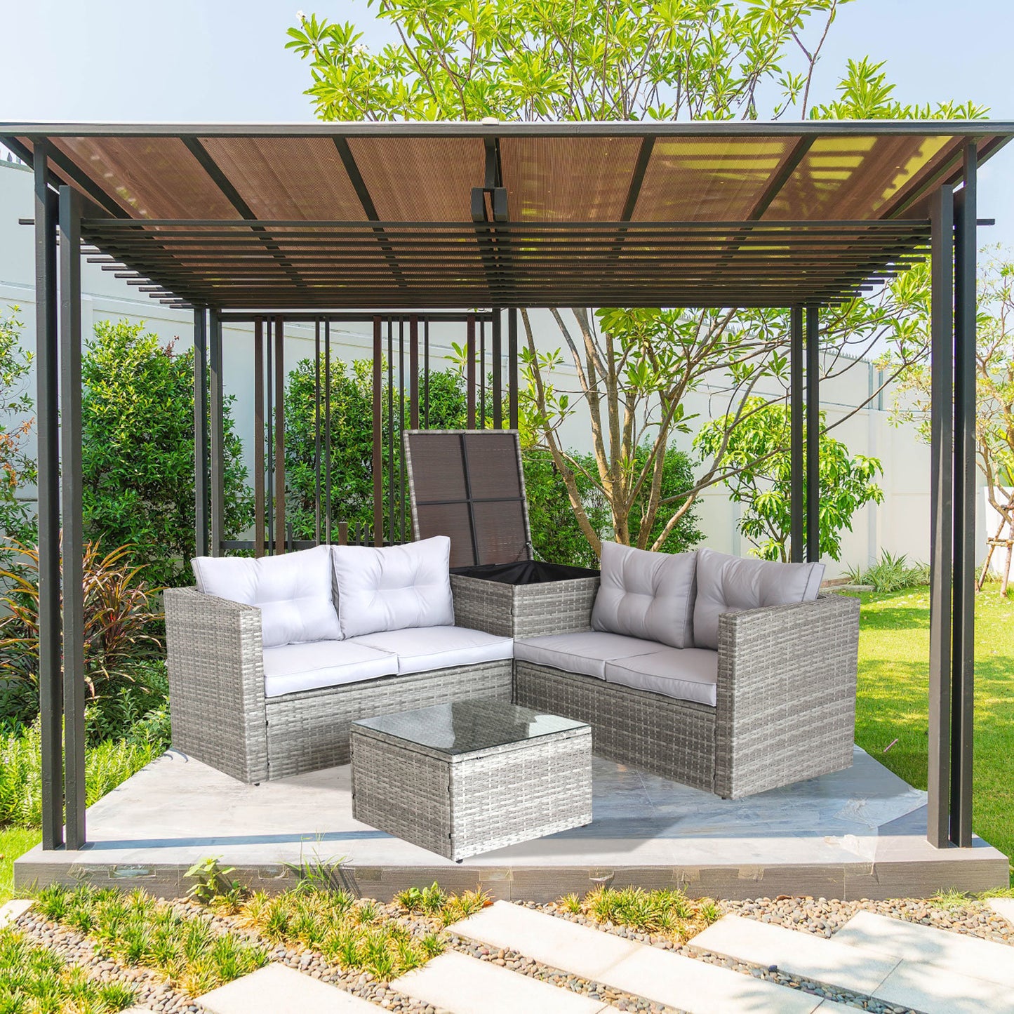 4 piece patio sectional wicker rattan outdoor furniture sofa set with storage box grey