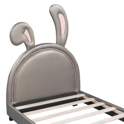 Upholstered Leather Platform Bed with Rabbit Ornament, Gray