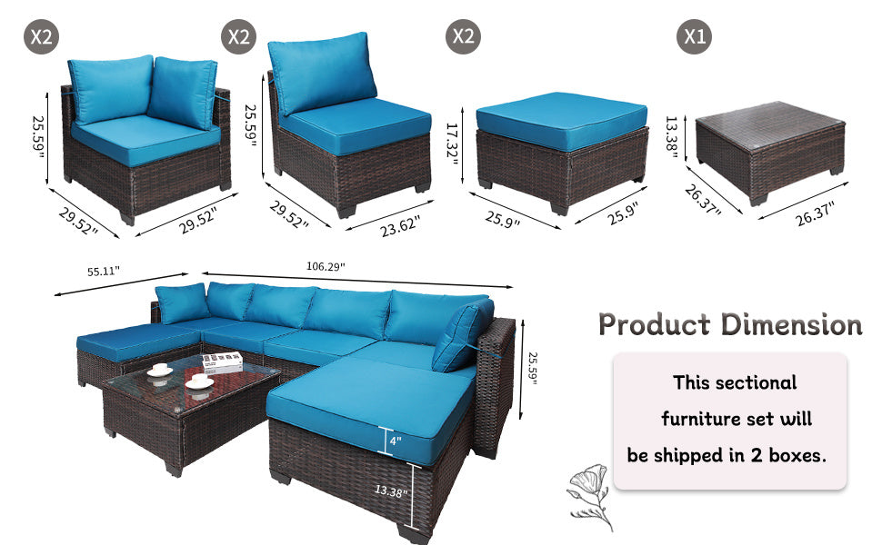 7 pieces outdoor patio sectional sofa couch set with washable cushions & glass coffee table