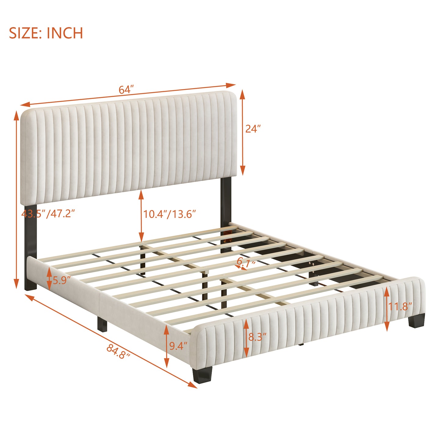 queen size upholstered platform bed, beige