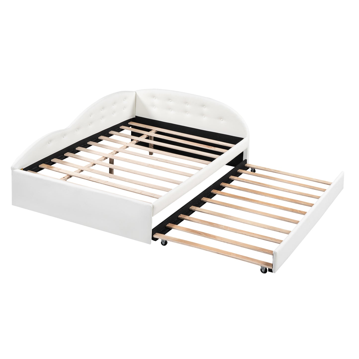 pu upholstered tufted daybed with trundle and cloud shaped guardrail, white