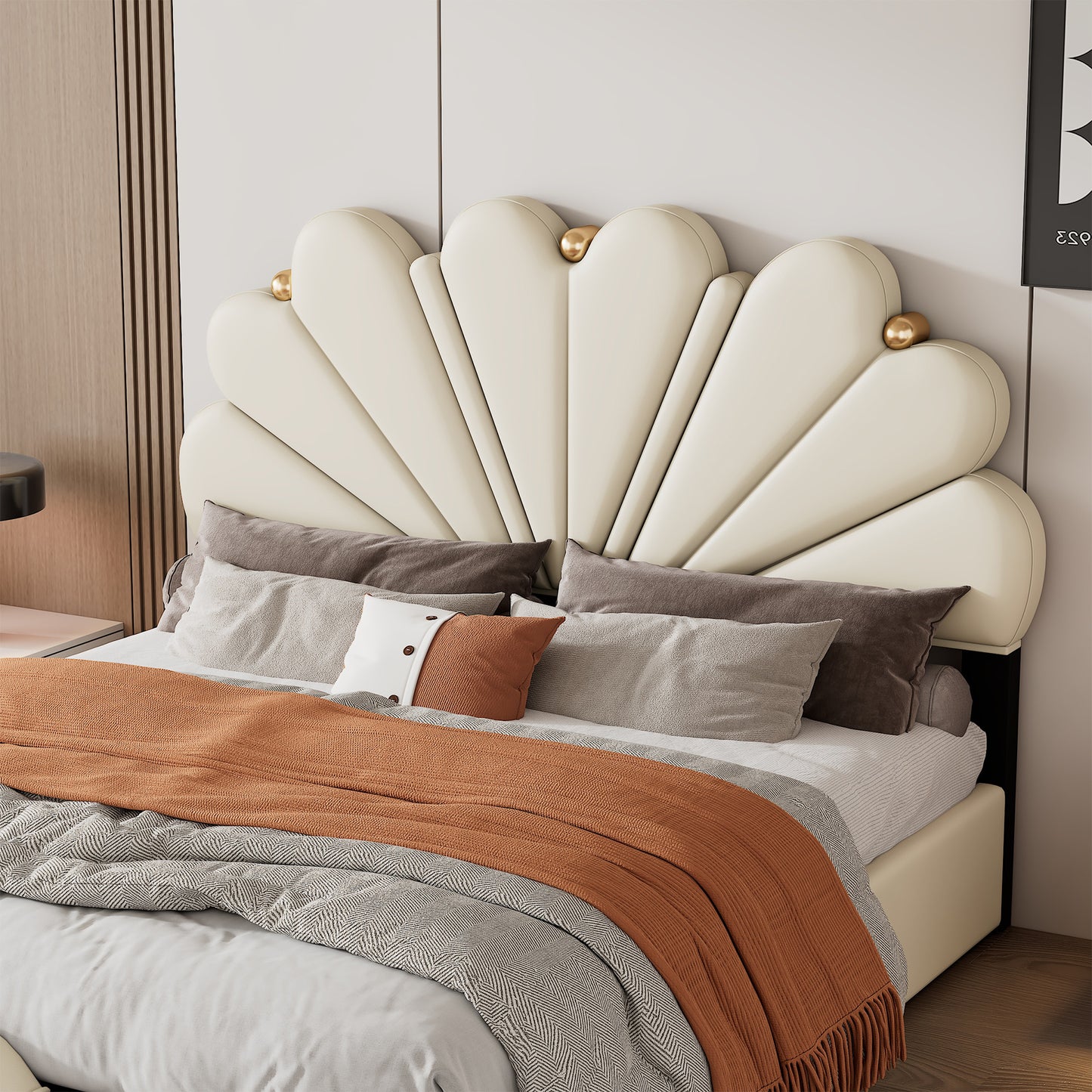 upholstered petal shaped platform bed with hydraulic storage system, pu storage bed, beige