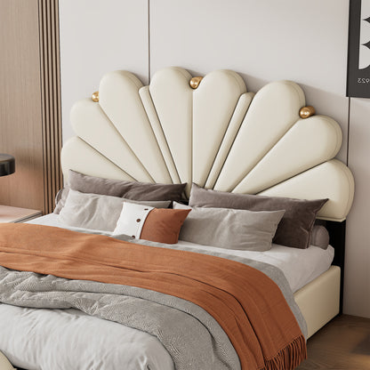 Upholstered Petal Shaped Platform Bed with Hydraulic Storage System, PU Storage Bed, Beige