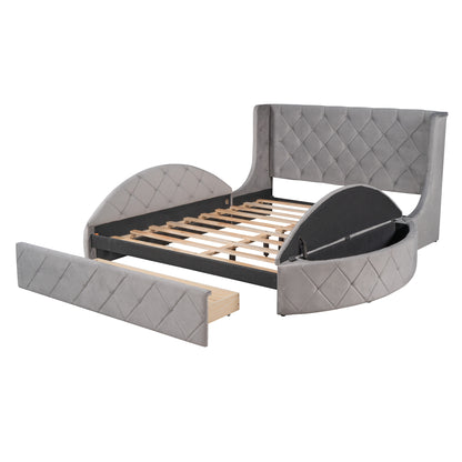 Upholstered Velvet Platform Bed with Wingback Headboard and 1 Big Drawer; 2 Side Storage Stool