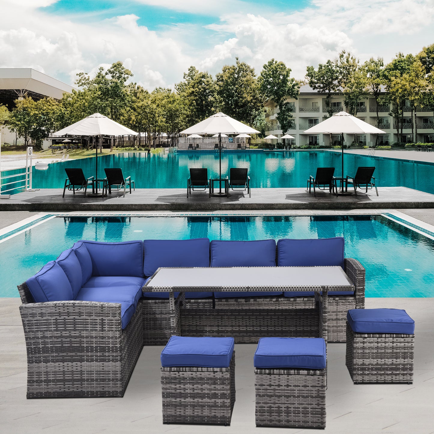 7 pieces outdoor sectional conversation sofa with dining table, chairs and ottomans, grey+blue