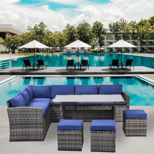 7 Pieces Outdoor Sectional Conversation Sofa with Dining Table, Chairs and Ottomans, Grey+Blue