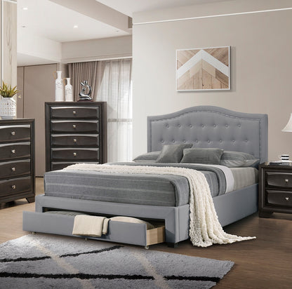 Burlap with Drawer Button Tufted Arch Design Headboard +Storage, Light Grey