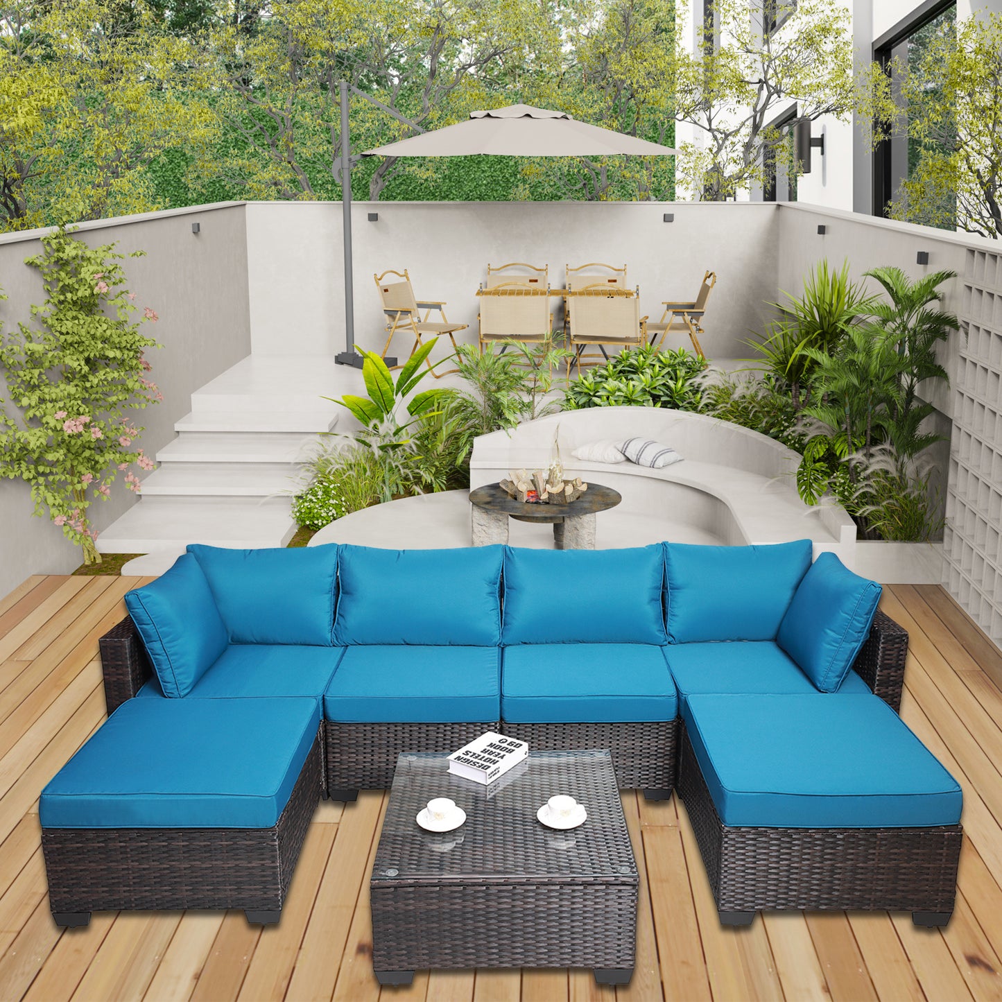 7 pieces outdoor patio sectional sofa couch set with washable cushions & glass coffee table