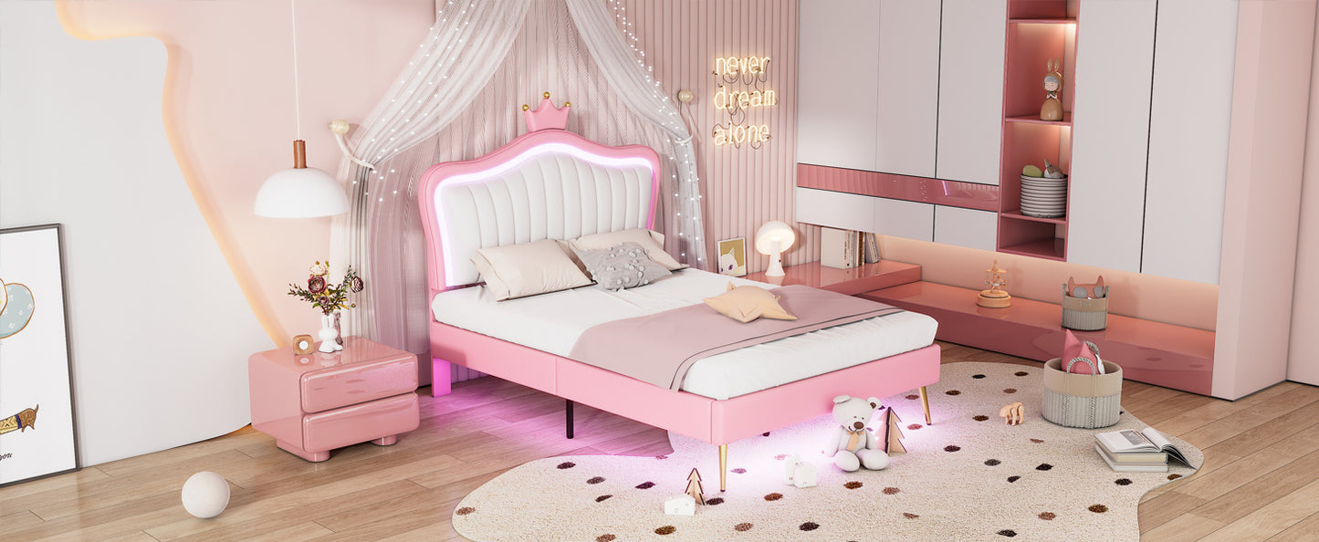 modern upholstered princess bed with crown headboard and led lights, white+pink