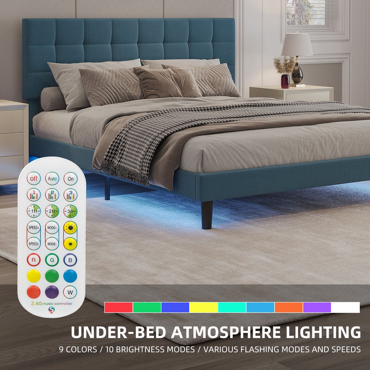 square upholstered platform bed with lights square stitched