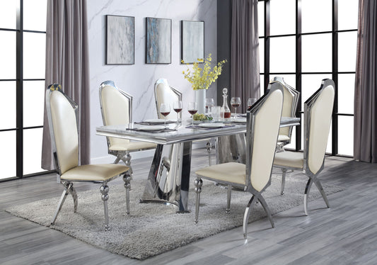 ACME Destry Dining Table, Faux Marble Top & Mirrored Silver Finish