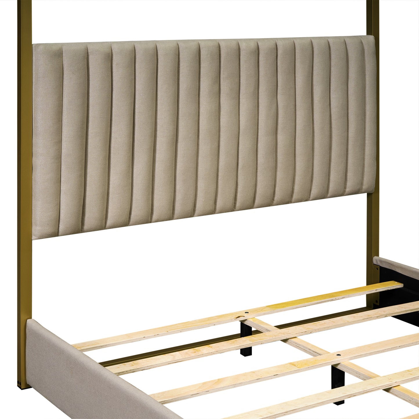 queen size upholstery canopy platform bed with headboard and metal frame, beige