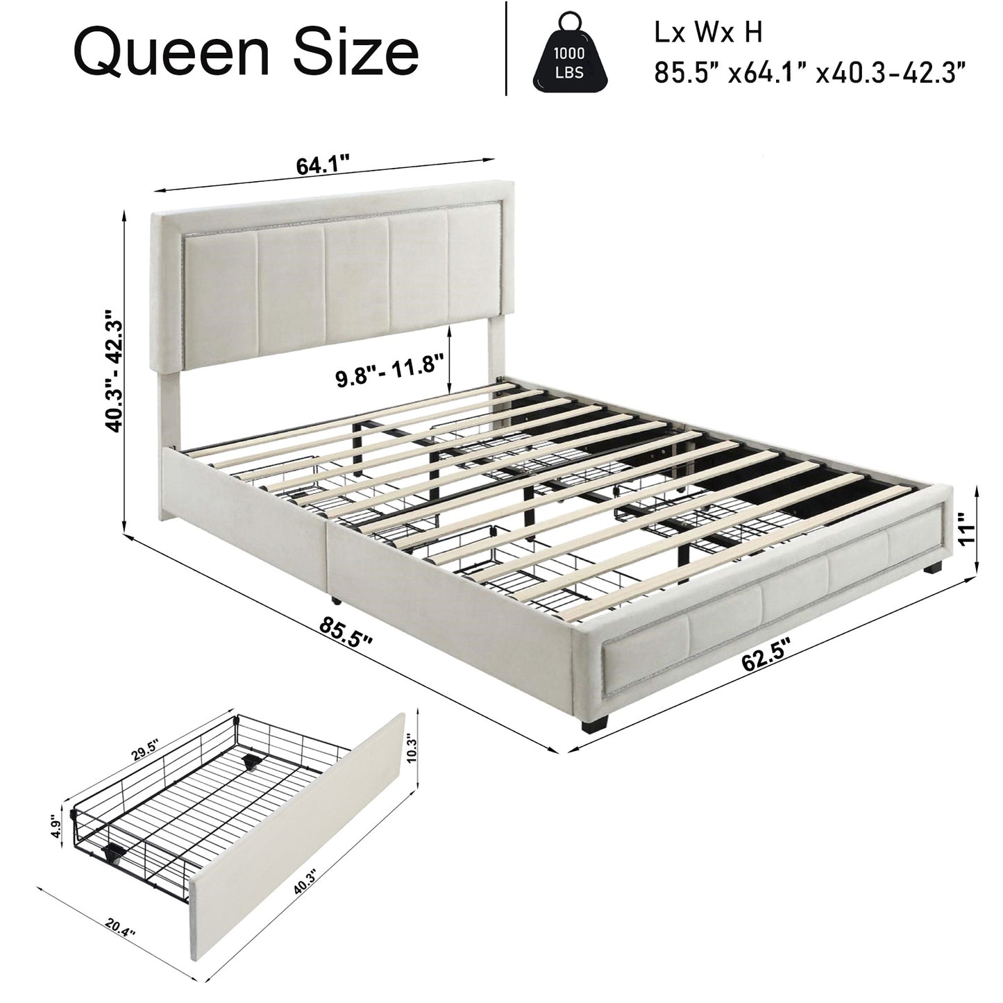 upholstered queen size platform bed with led lights, storage bed with 4 drawers, beige
